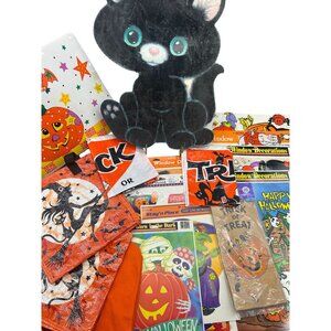 lot vntg halloween decor flocked black cat place mats window clings treat bags
